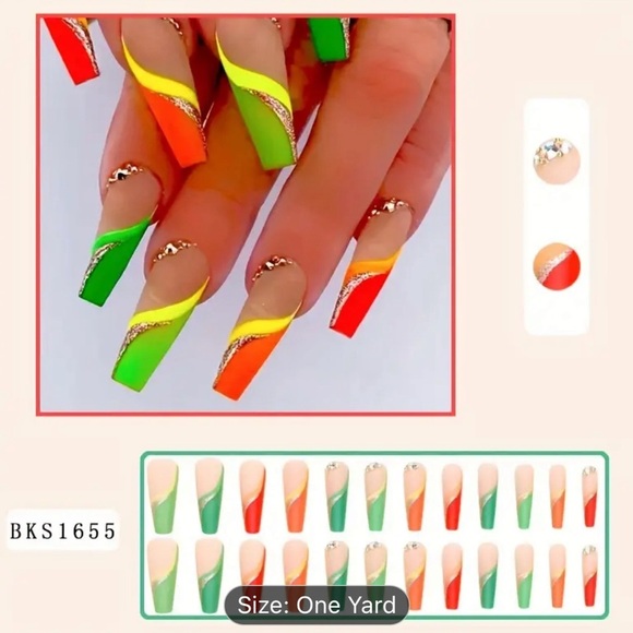 24 pcs Colorful Coffin Press On Nails with Rhinestones and Glitter - Picture 2 of 5